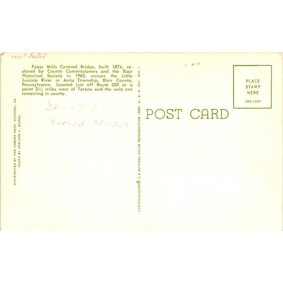 Fuoss Mills Covered Bridge Postcard Travel Souvenir Unposted Blair County PA - Picture 2 of 2